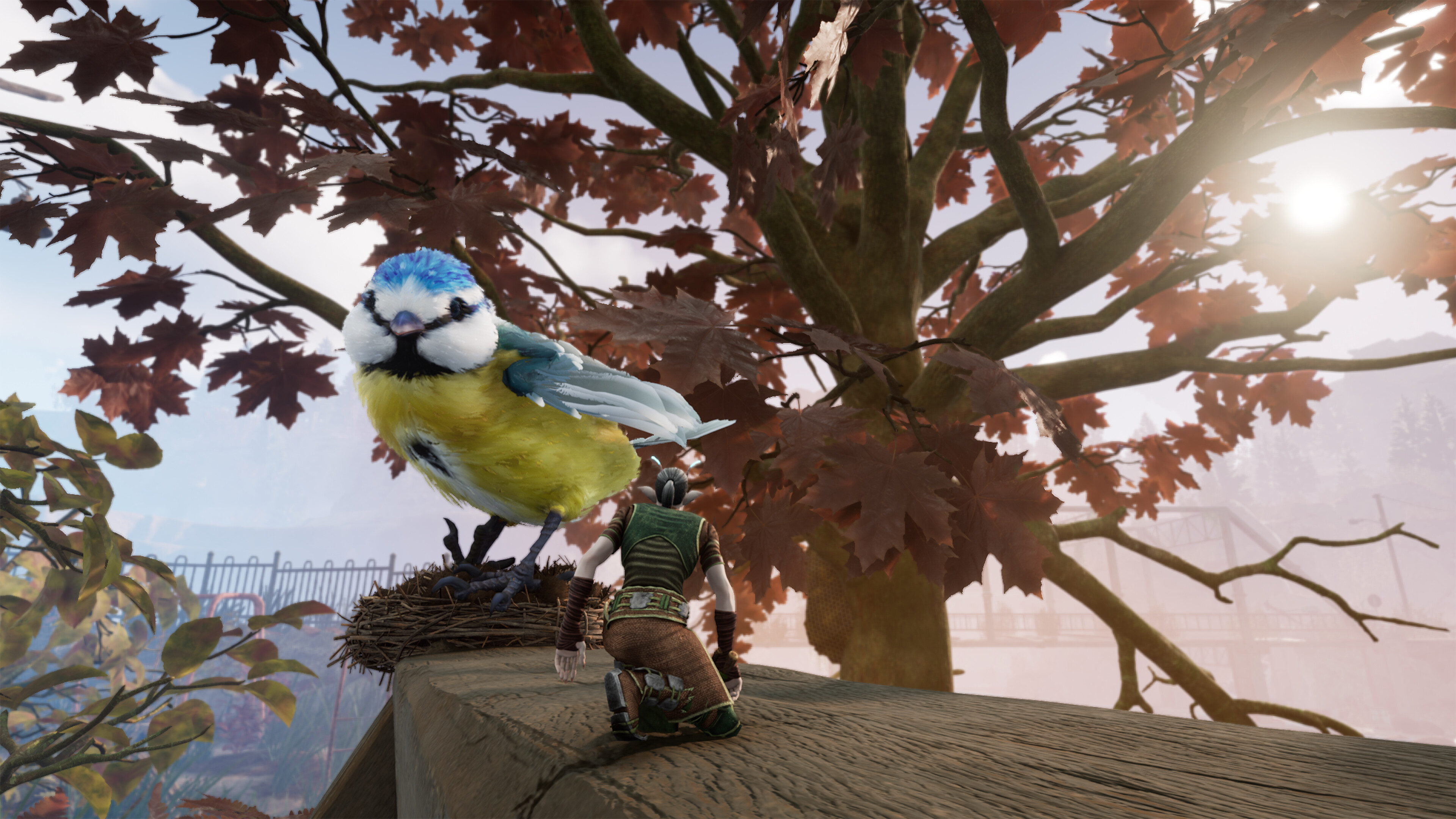 A smallfolk character interacts with a giant bluebird in Smalland: Survive the Wilds.