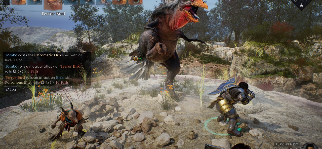 Epic battle scene in Solasta 2 featuring a Terror Bird and characters in action.