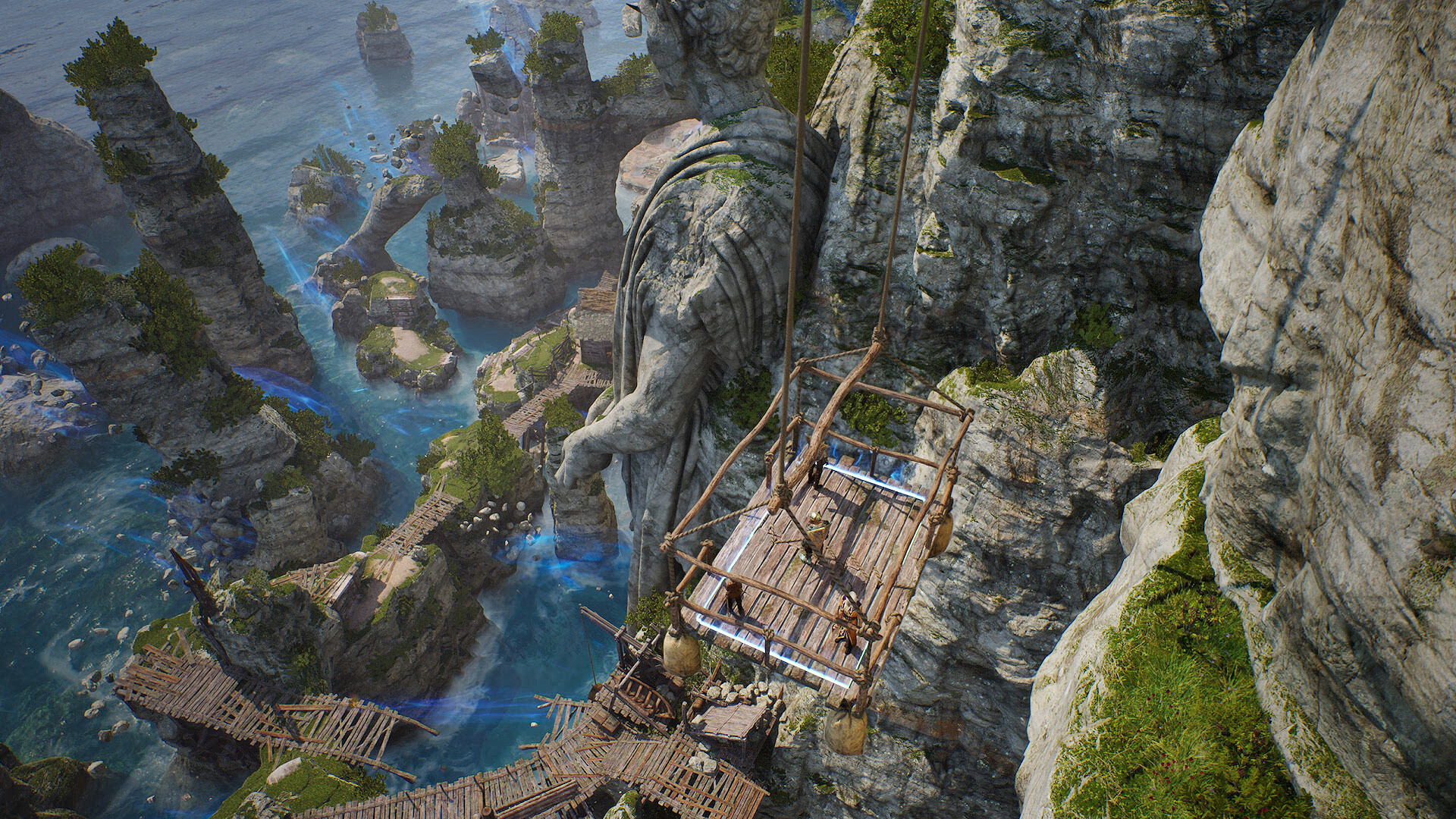 Aerial view of a fantasy landscape in Solasta II featuring cliffs and ancient ruins.