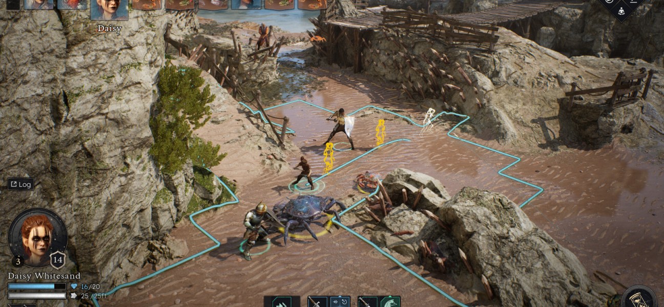 Turn-based combat scene in Solasta II featuring characters and strategic positioning.