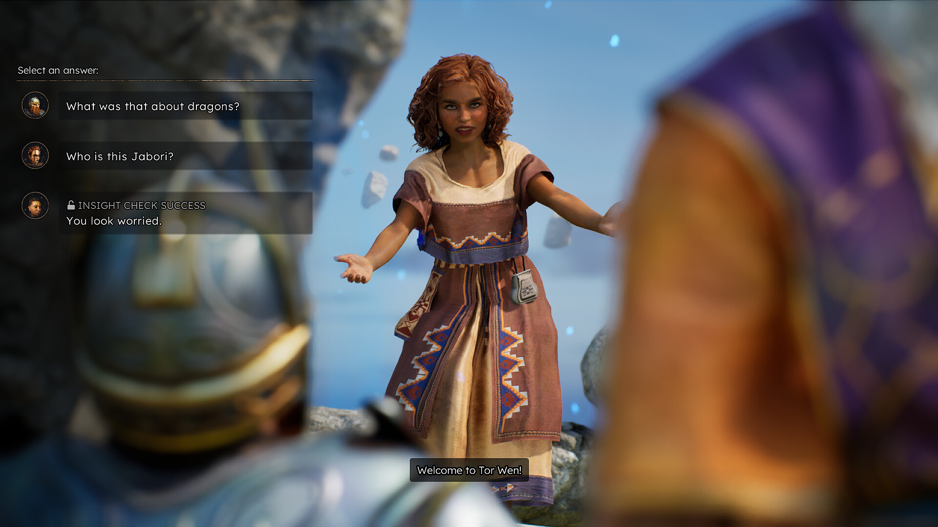 Character interaction scene in Solasta II with dialogue options displayed