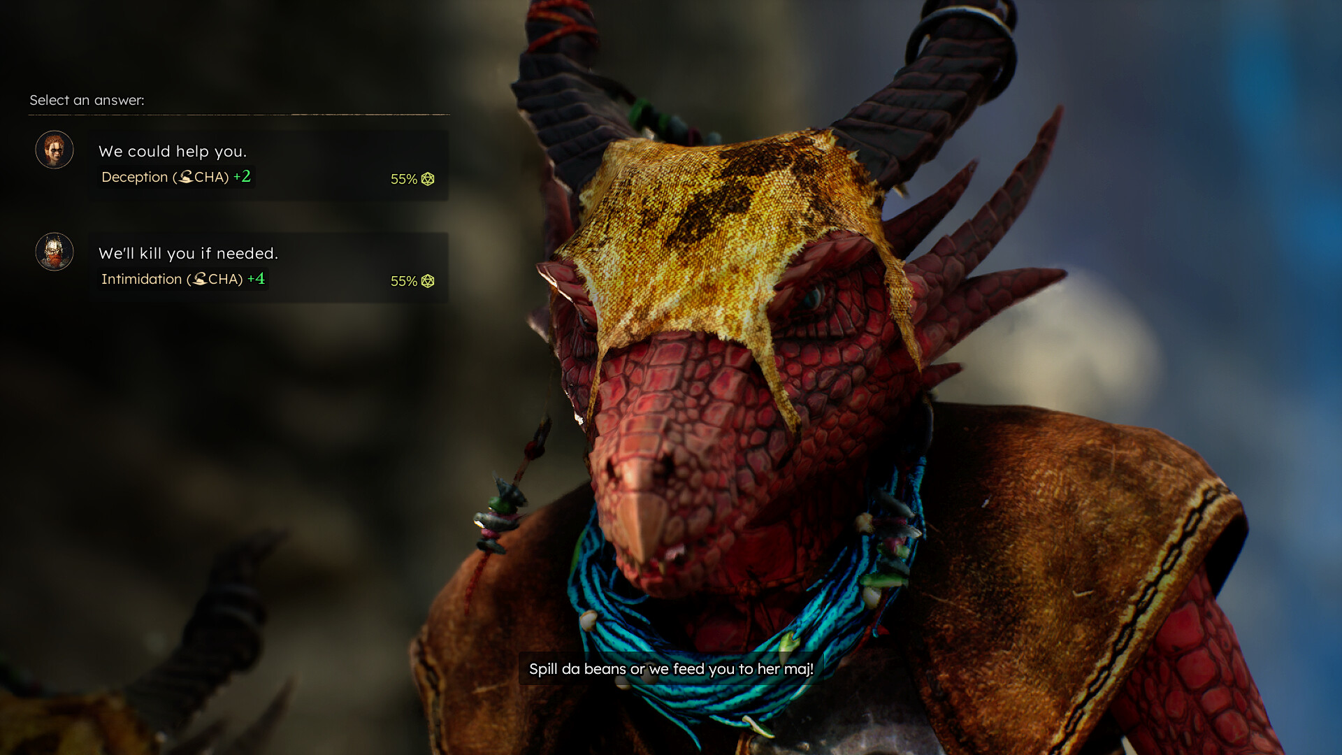 Dialogue choice screen featuring a dragon-like character in Solasta II