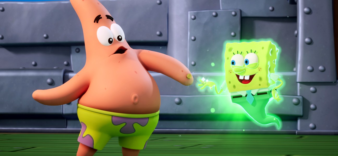 SpongeBob and Patrick encounter a ghost in Titans of the Tides gameplay.