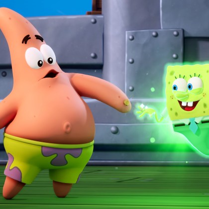 SpongeBob and Patrick encounter a ghost in Titans of the Tides gameplay.