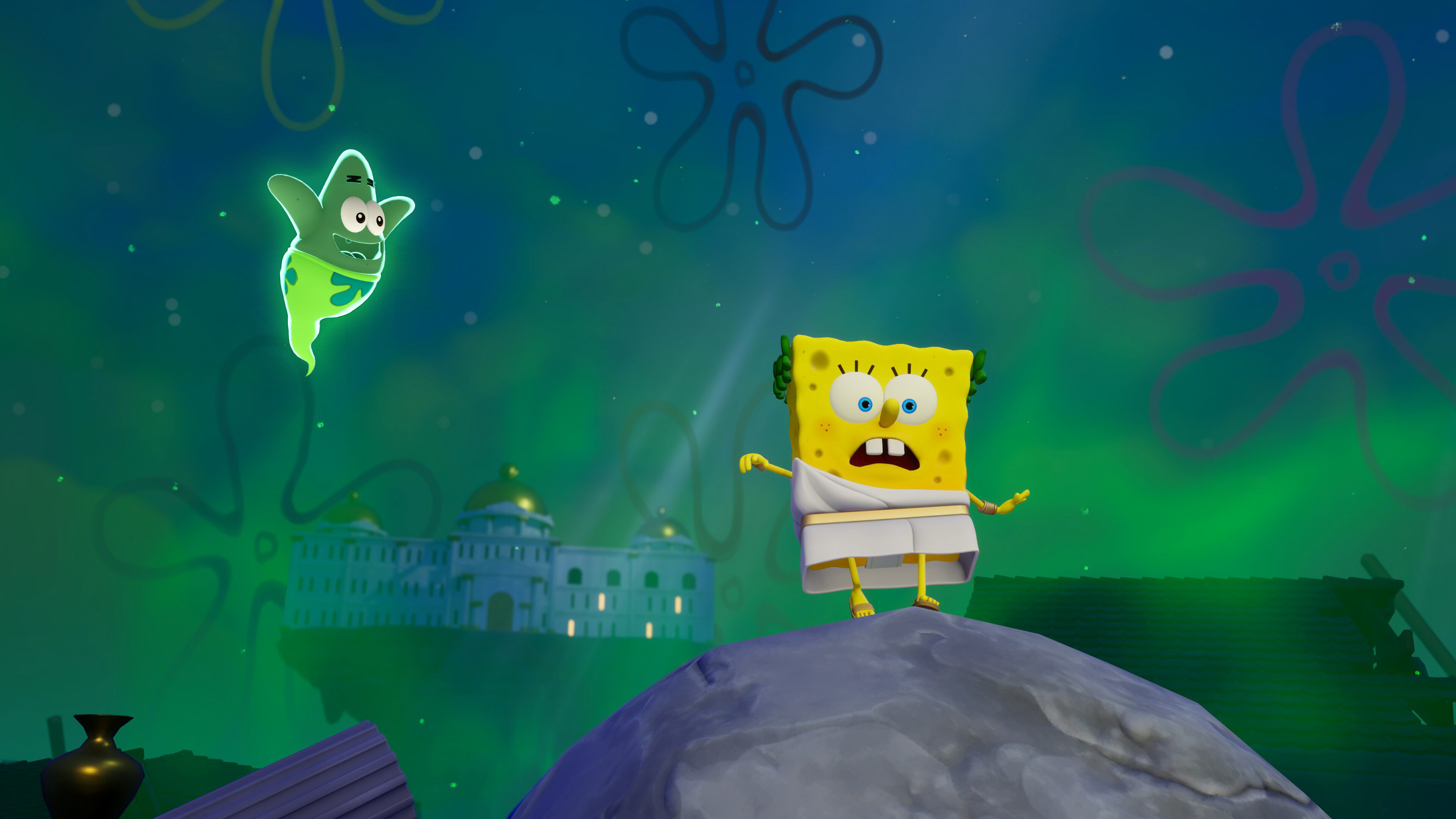 SpongeBob and Patrick in a ghostly Bikini Bottom scene from Titans of the Tides