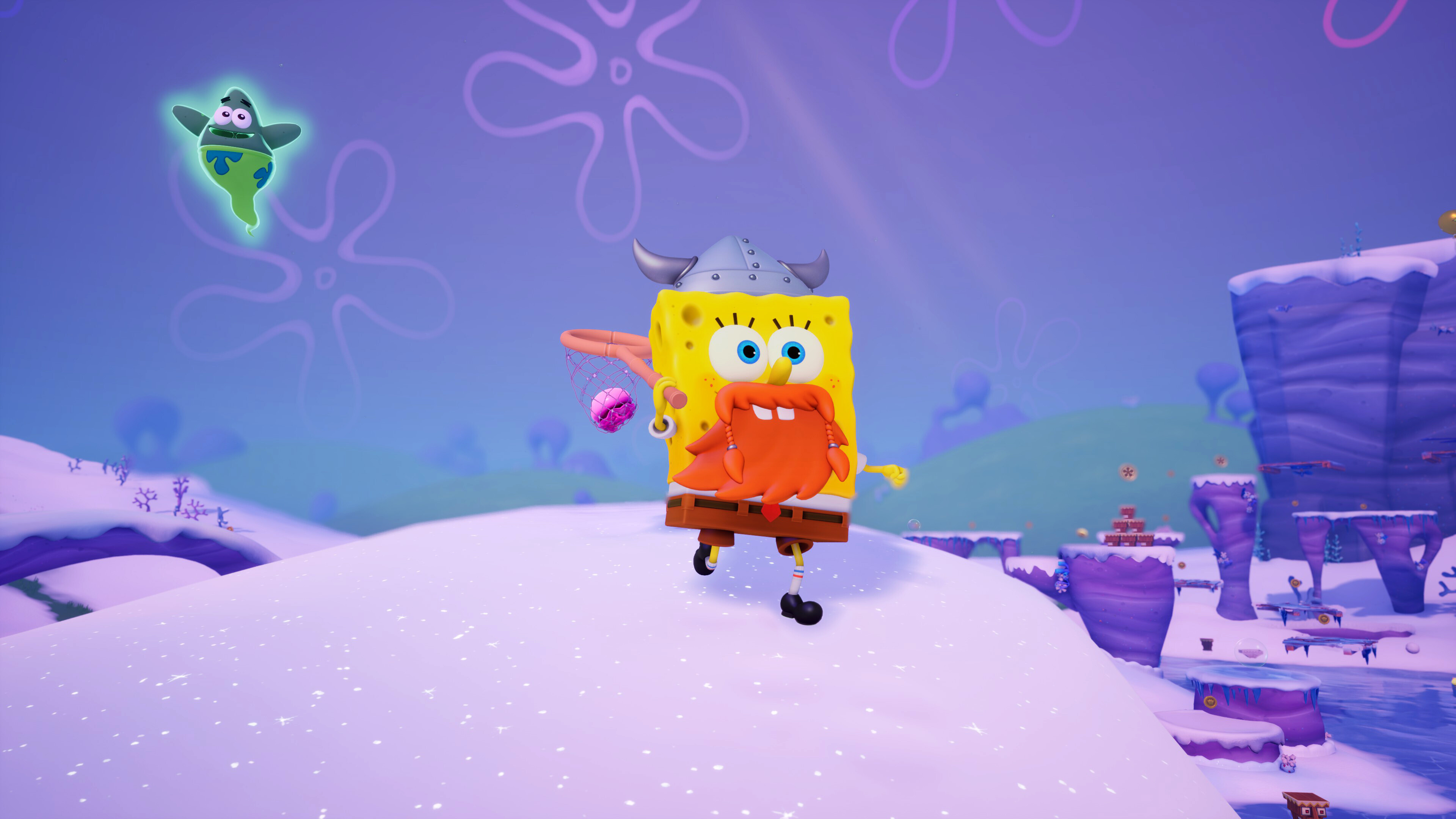SpongeBob in Viking gear exploring a snowy landscape in Titans of the Tides.