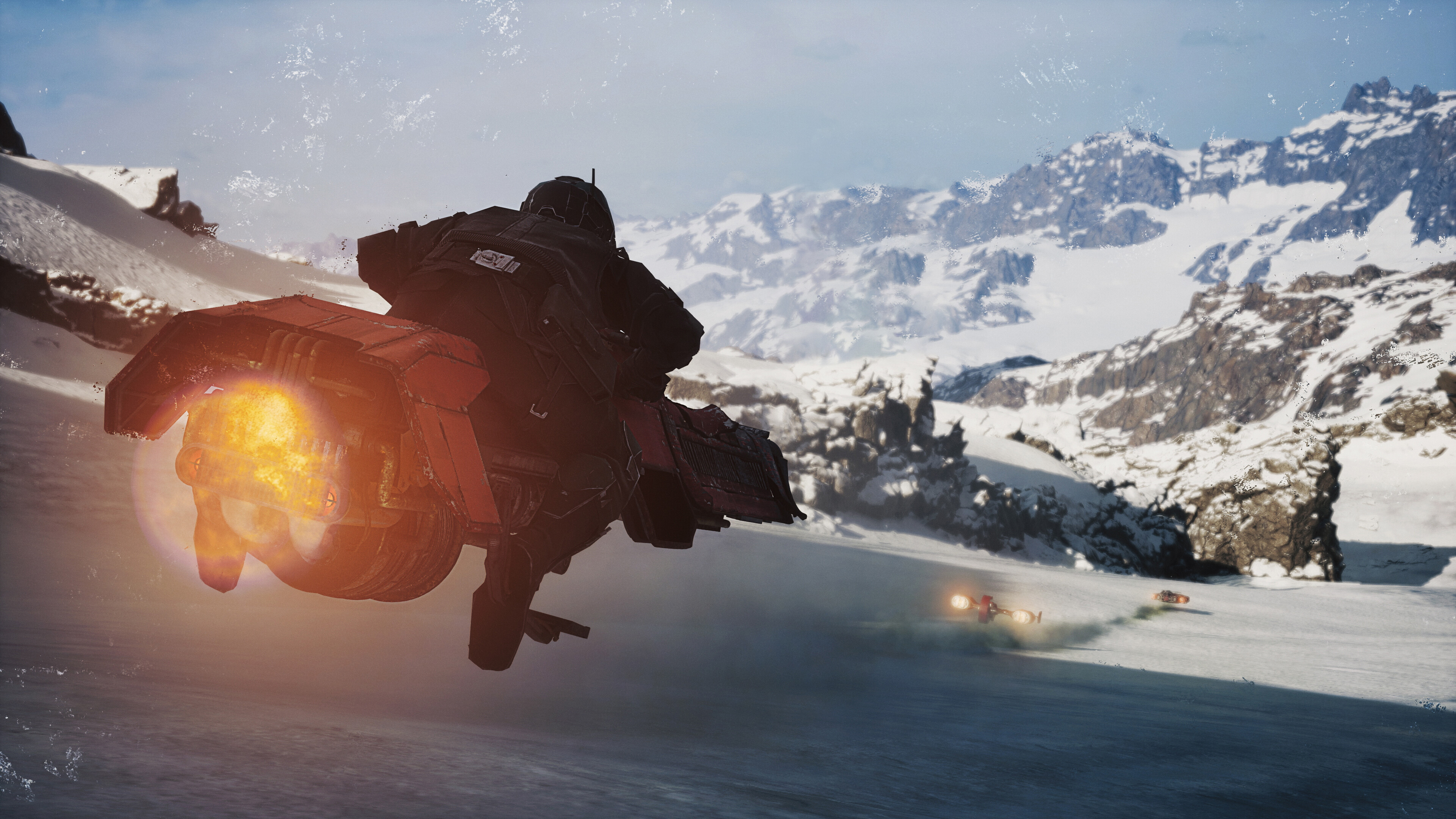 Podracer speeding through a snowy landscape in STAR WARS Galactic Racer