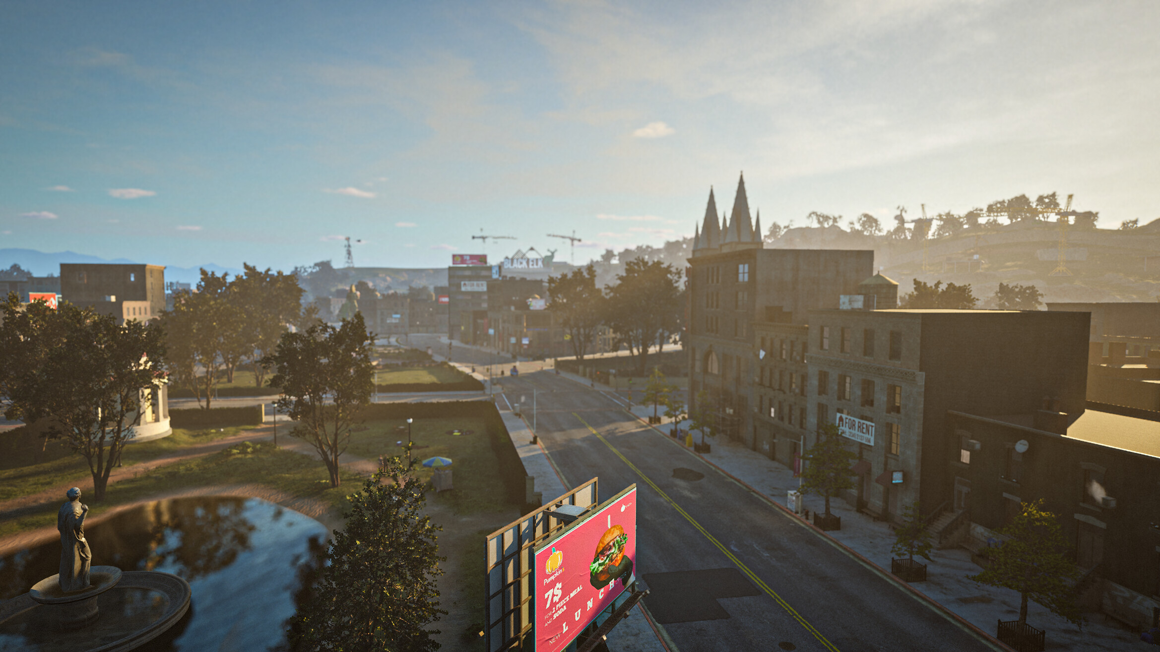 Scenic view of a cityscape in Storage Hunter Simulator with buildings and a billboard