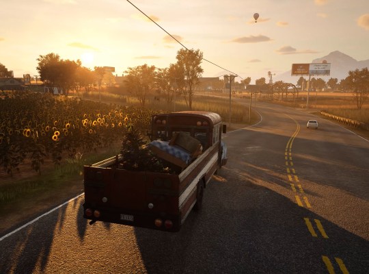 Sunset drive in Storage Hunter Simulator with truck and scenic landscape