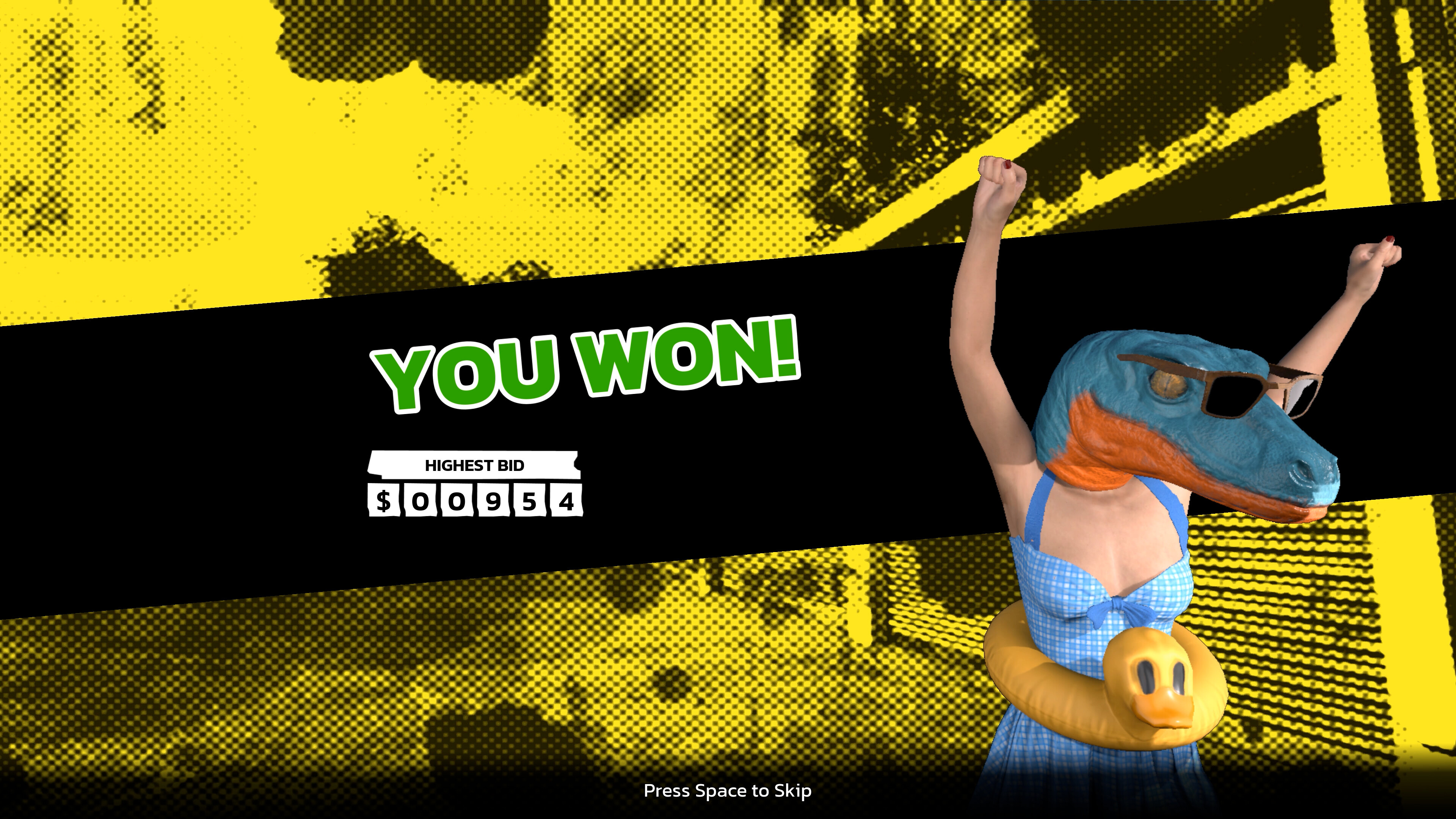 Player celebrating victory in Storage Hunter Simulator auction with a unique character design.