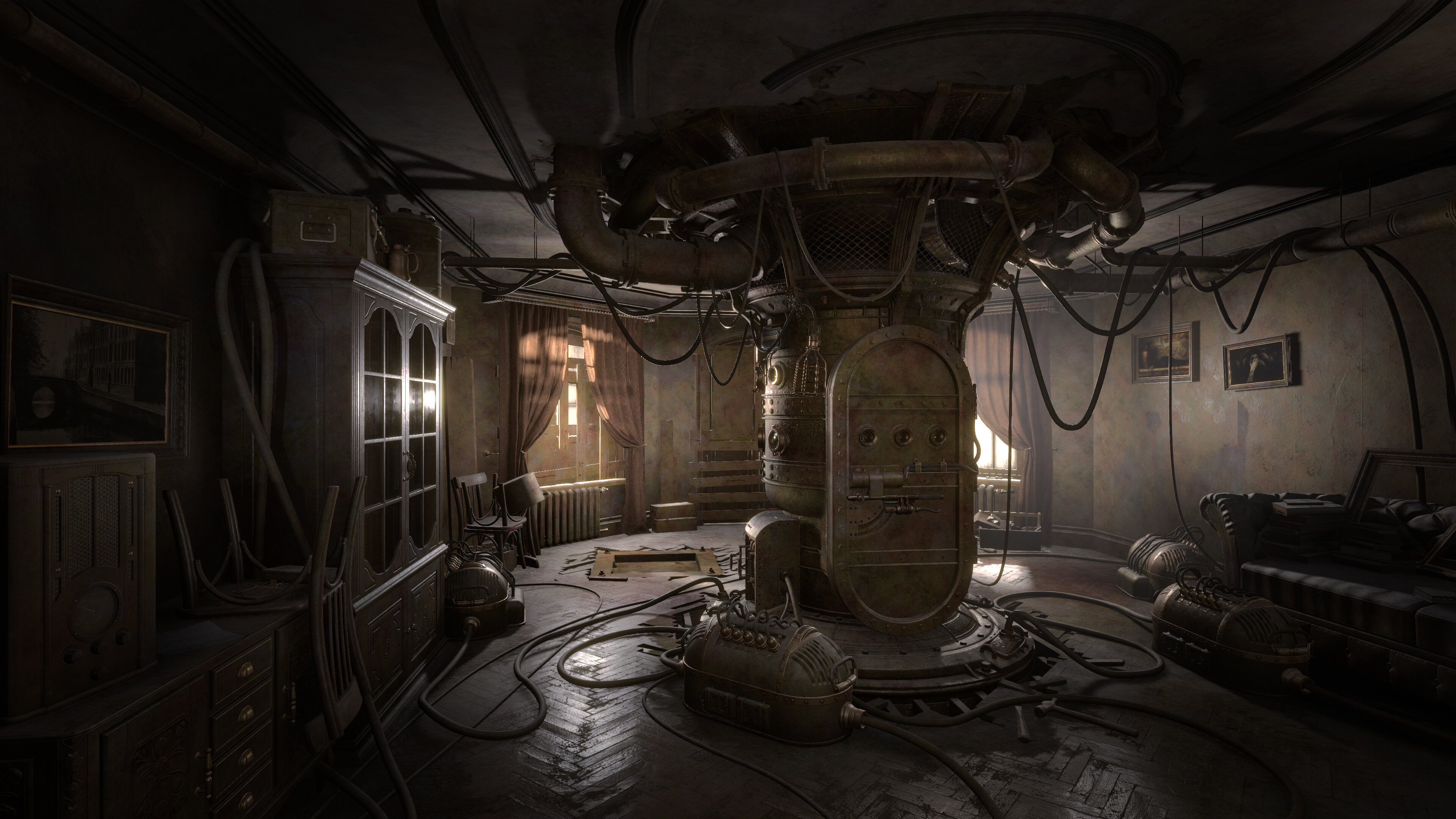 Intricate steampunk machinery in a dimly lit room from Sublustrum game