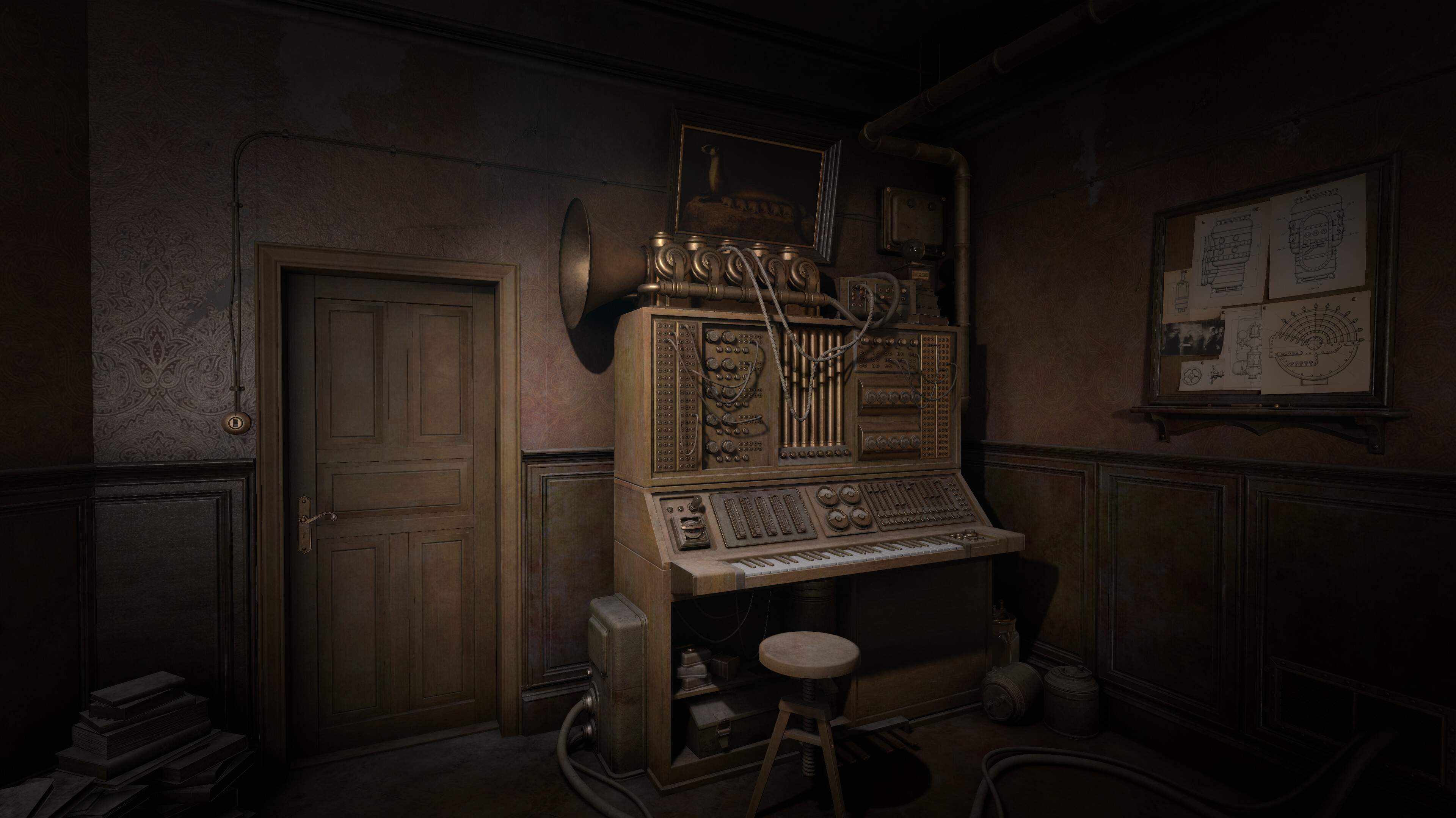 Sublustrum game scene featuring an antique sound machine in a dimly lit room