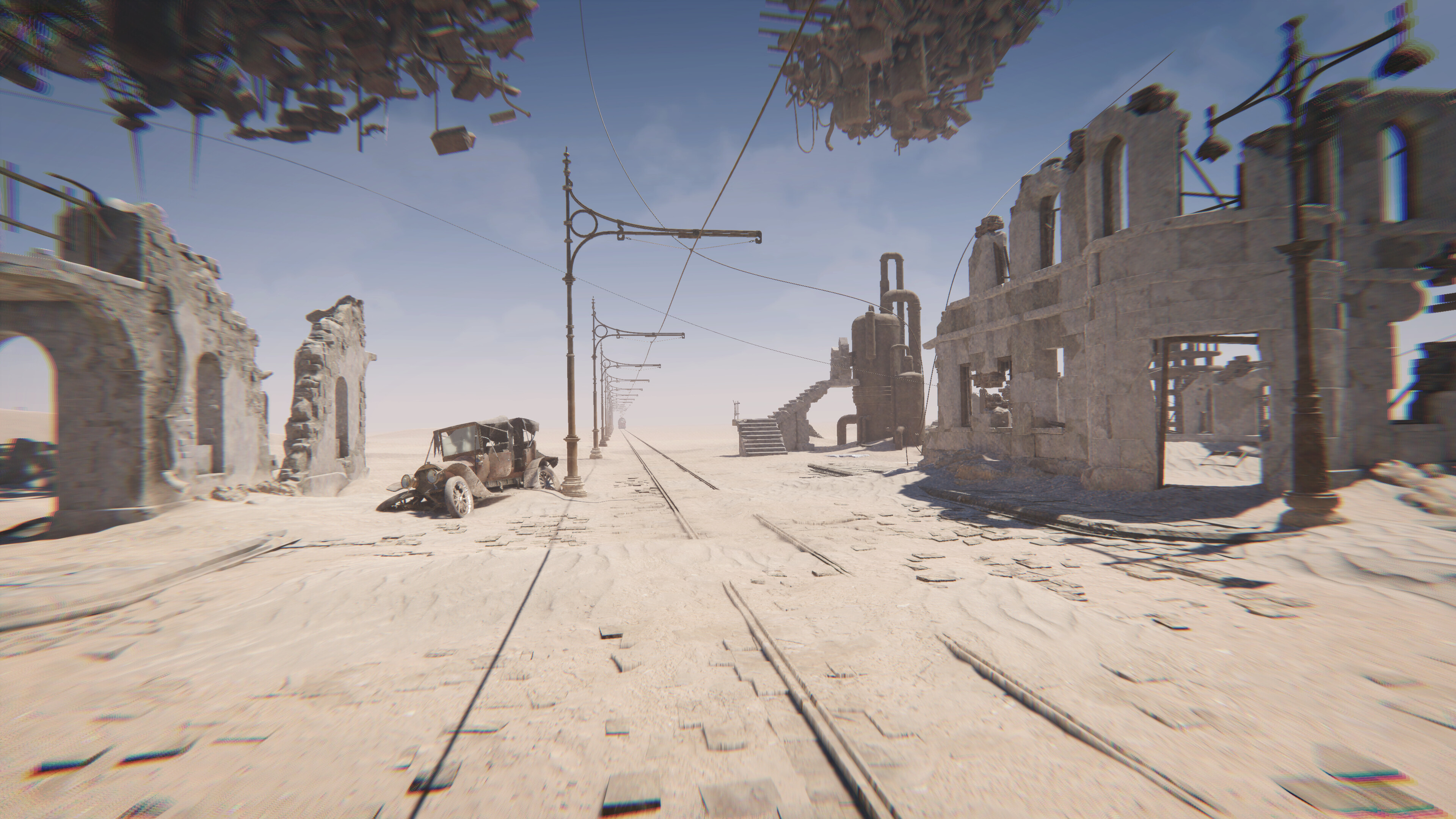Desolate landscape from Sublustrum showcasing ruins and a vintage vehicle