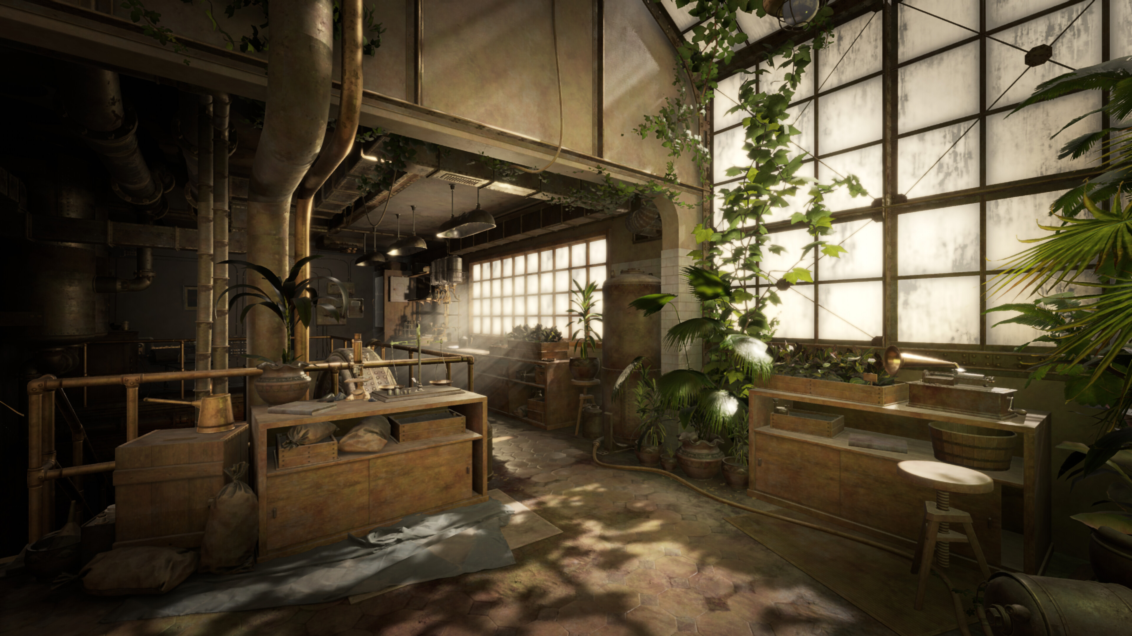 Sublustrum game environment showcasing a sunlit, plant-filled interior