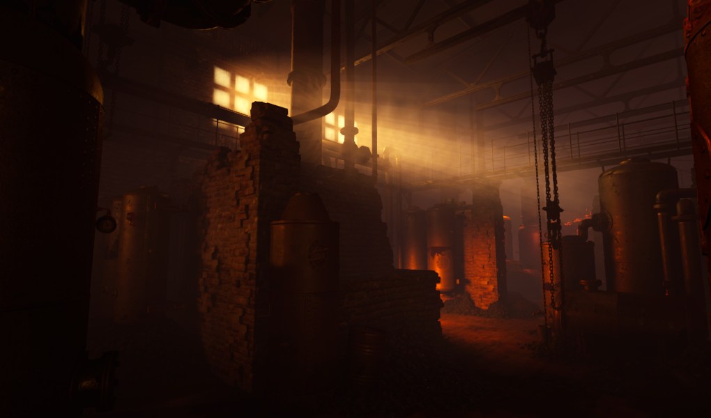 Mysterious industrial setting in Sublustrum with dramatic lighting