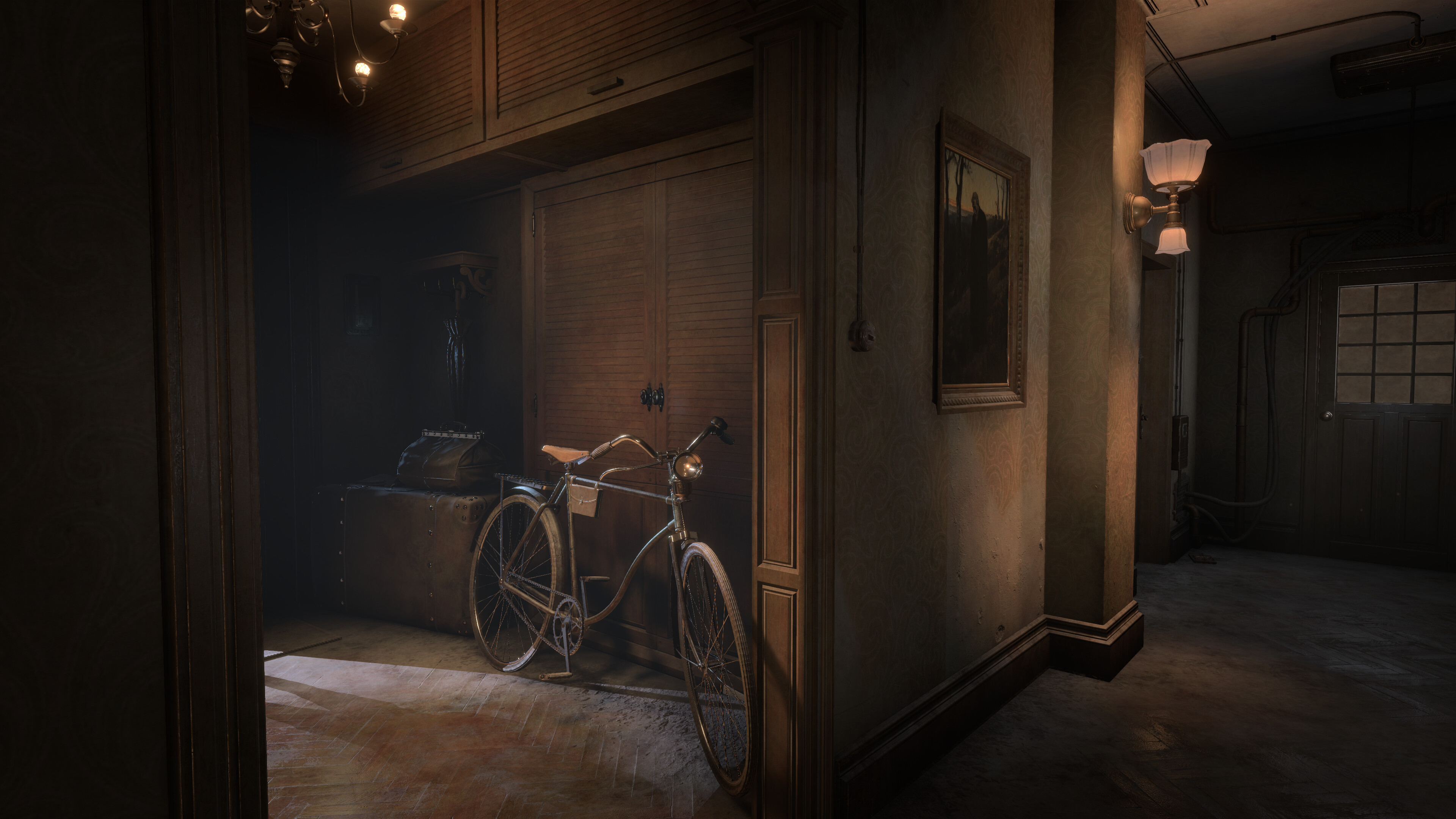 Sublustrum hallway with vintage bicycle and dim lighting