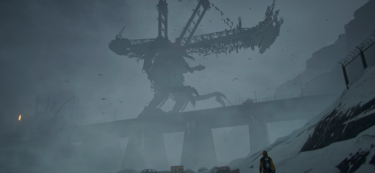 A towering machine looms over a foggy landscape in Supreme Experiment.