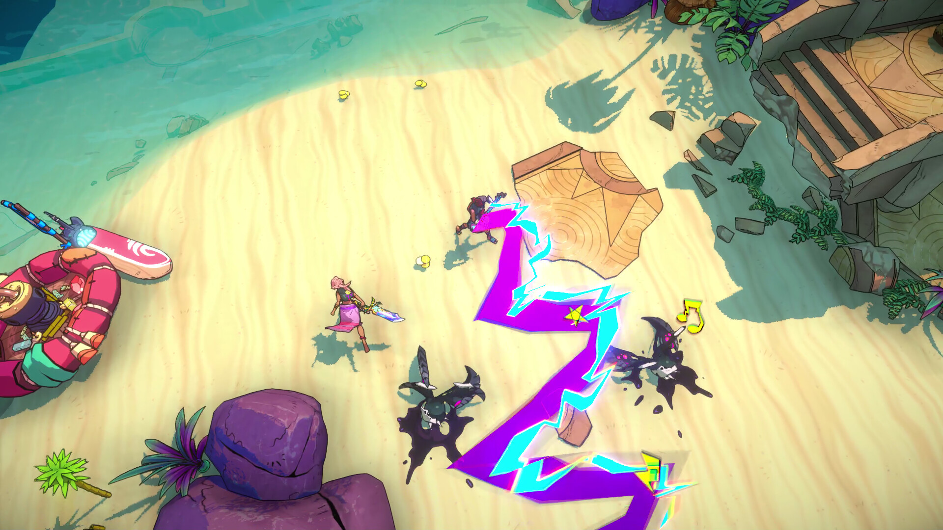 Action-packed scene from Surfpunk featuring Seafang Raiders battling Sumi monsters.