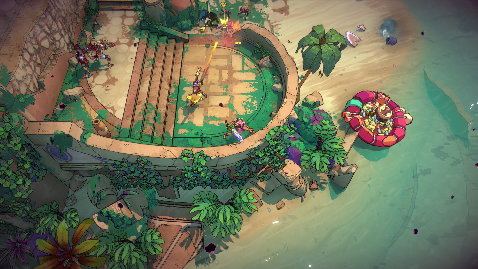 Action-packed scene from Surfpunk featuring vibrant tropical ruins and players battling enemies.