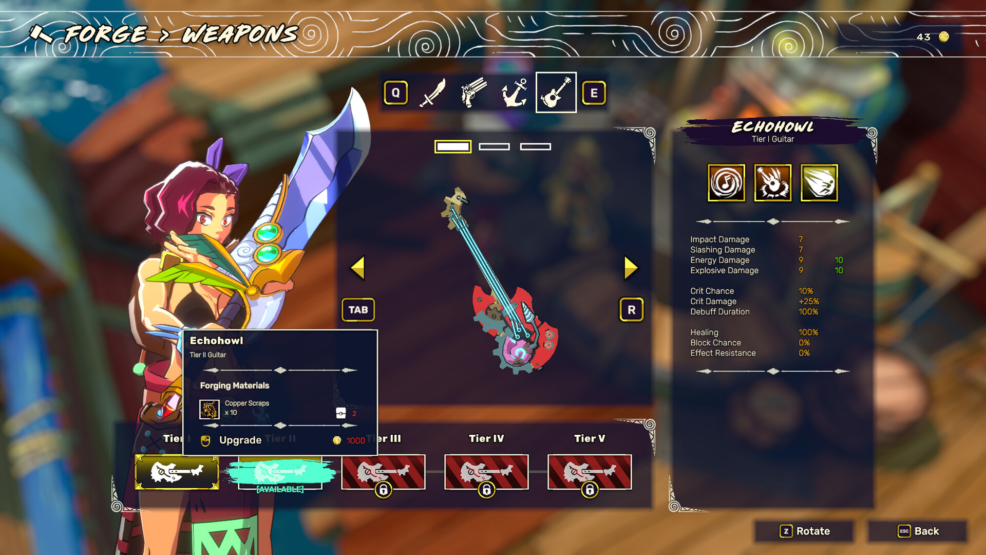 Character upgrading weapon in Surfpunk's vibrant RPG interface