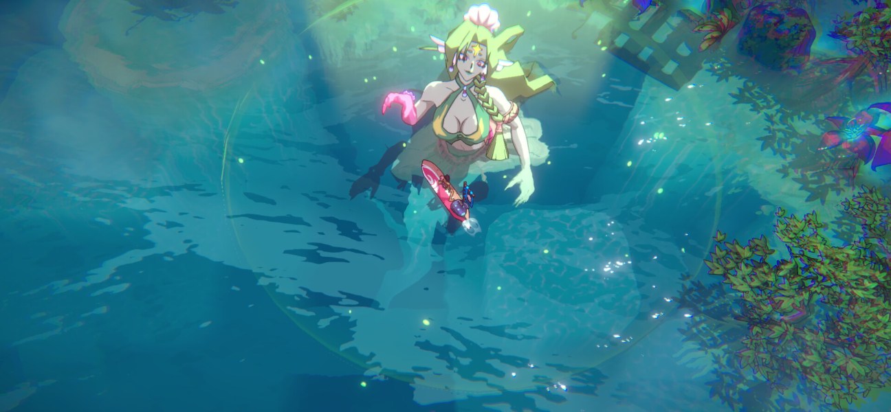 Anime-style character surfing in vibrant water, showcasing Surfpunk's colorful world