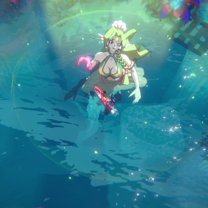 Anime-style character surfing in vibrant water, showcasing Surfpunk's colorful world