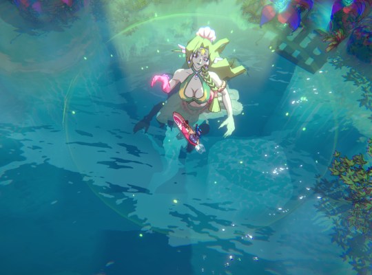 Anime-style character surfing in vibrant water, showcasing Surfpunk's colorful world