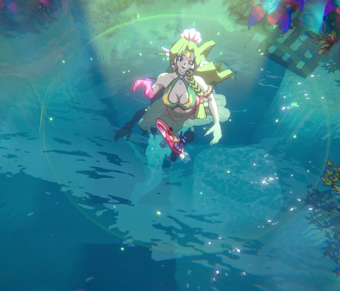 Anime-style character surfing in vibrant water, showcasing Surfpunk's colorful world