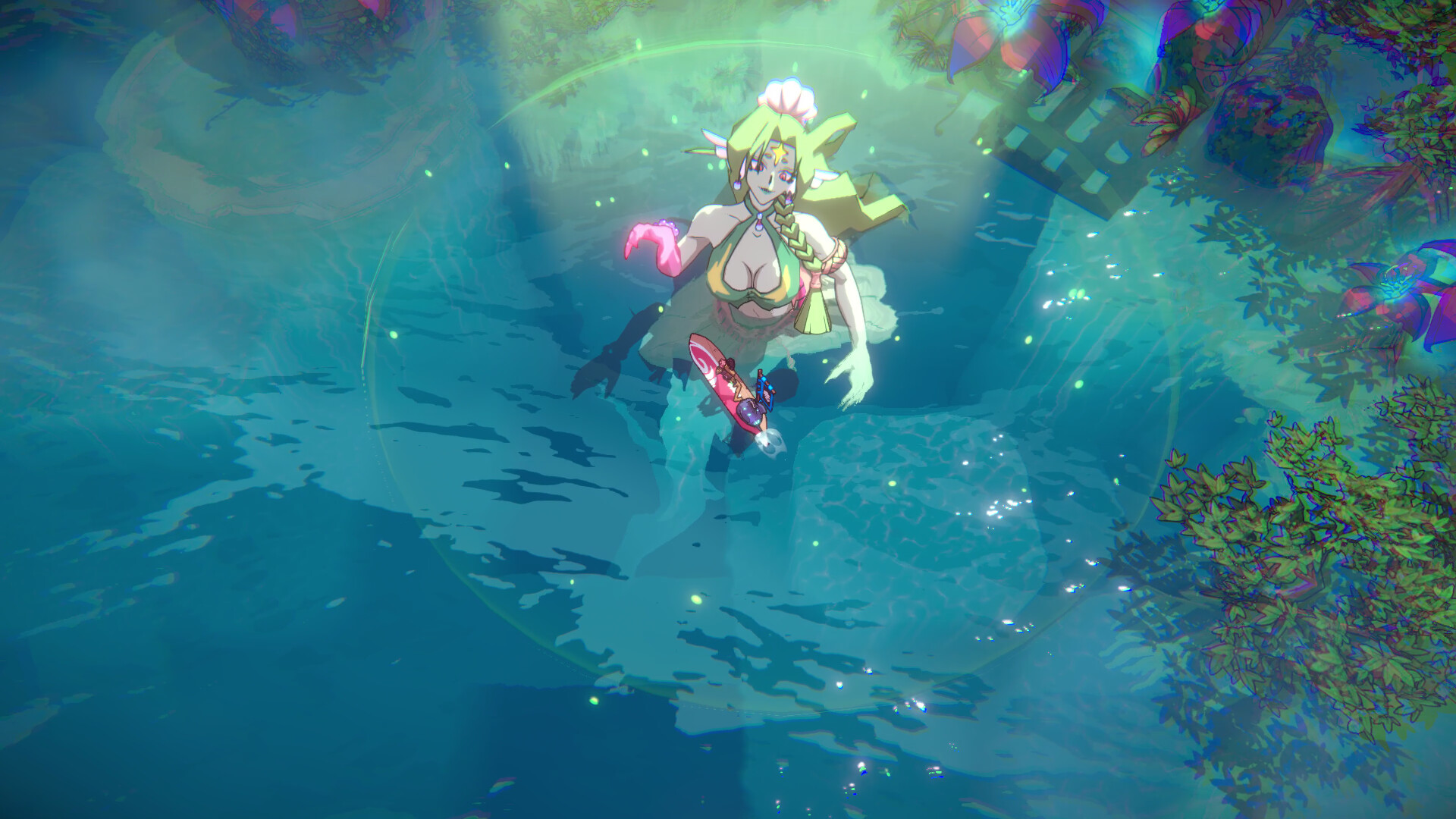 Anime-style character surfing in vibrant water, showcasing Surfpunk's colorful world