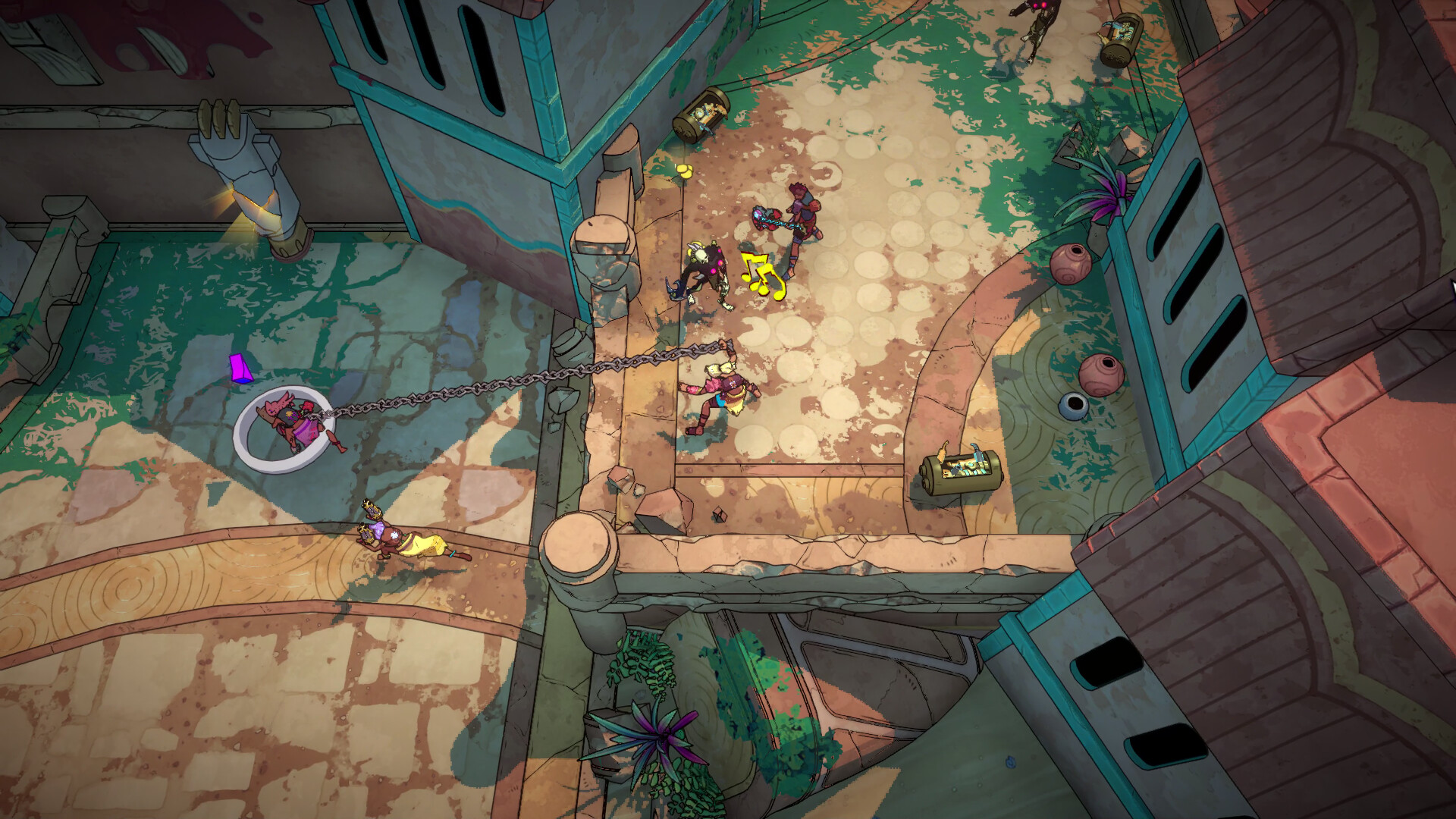 Action-packed scene from Surfpunk showcasing combat in a vibrant tropical environment