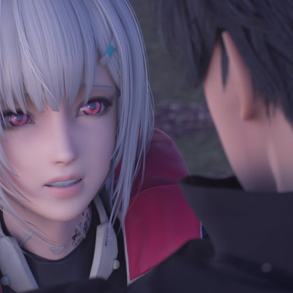 Close-up of a character with silver hair and pink eyes in Synduality: Echo of Ada