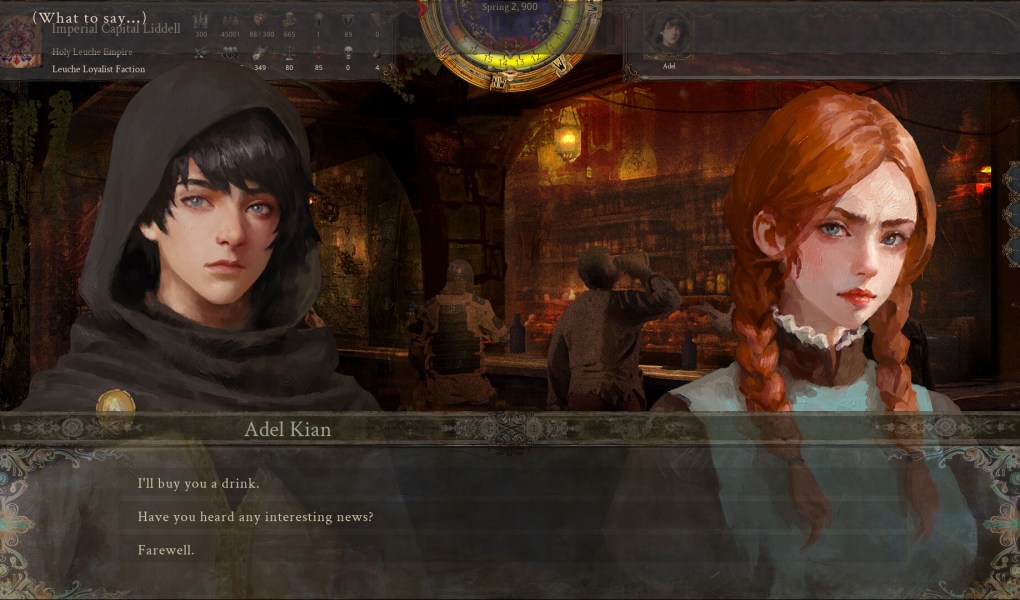Character dialogue scene in The End of History RPG with medieval tavern backdrop