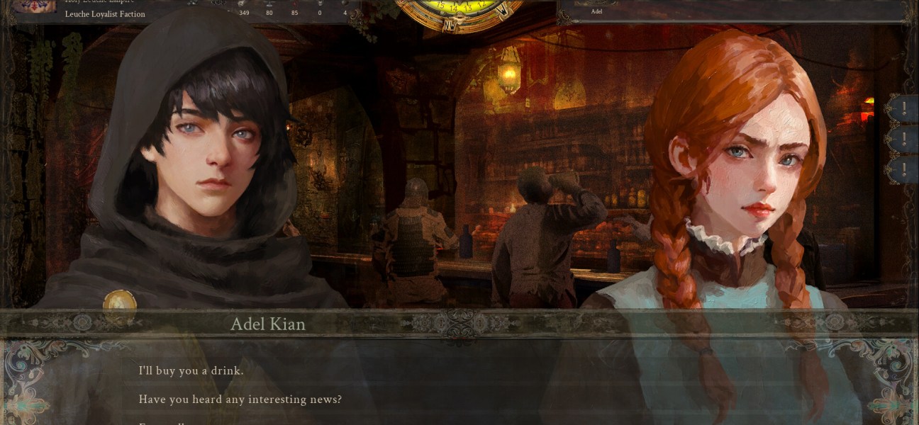 Character dialogue scene in The End of History RPG with medieval tavern backdrop