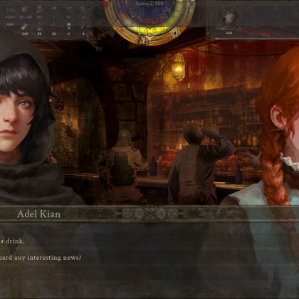 Character dialogue scene in The End of History RPG with medieval tavern backdrop