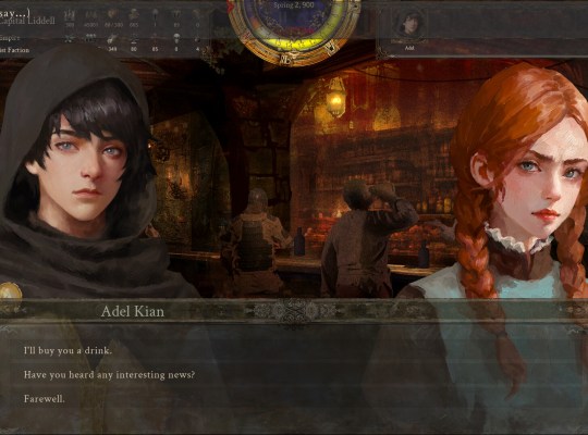 Character dialogue scene in The End of History RPG with medieval tavern backdrop