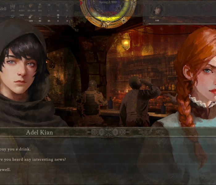 Character dialogue scene in The End of History RPG with medieval tavern backdrop