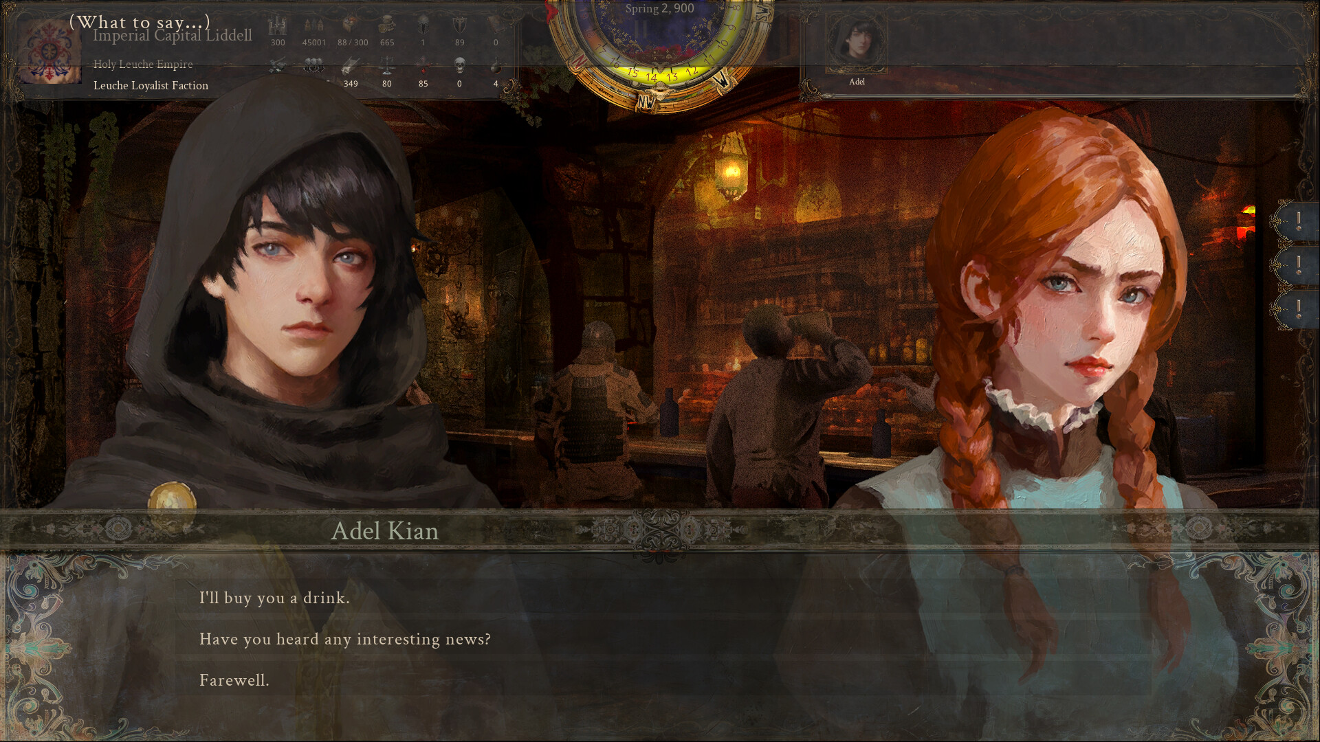 Character dialogue scene in The End of History RPG with medieval tavern backdrop