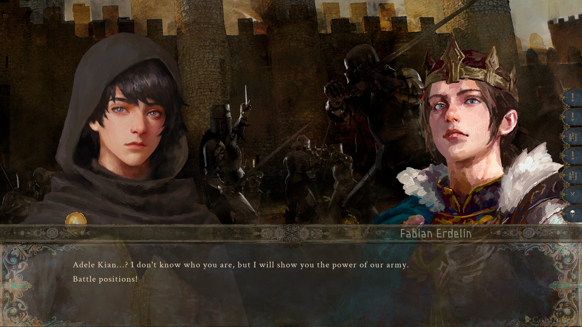 Two characters in medieval attire prepare for battle in a fantasy RPG scene.