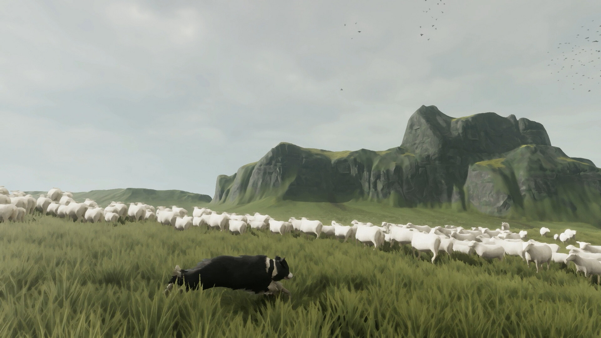 A shepherd dog herding sheep in a lush green landscape with mountains.