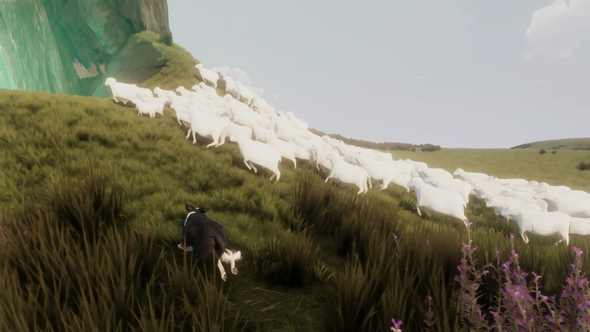 A dog herding sheep in a lush green landscape in The Free Shepherd game.