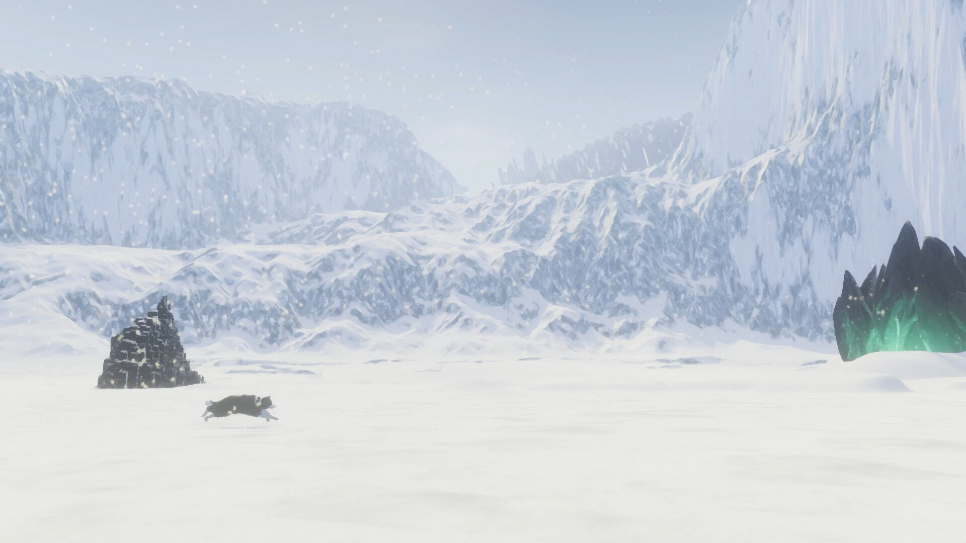 Snowy landscape with a lone character in 'The Free Shepherd' game scene