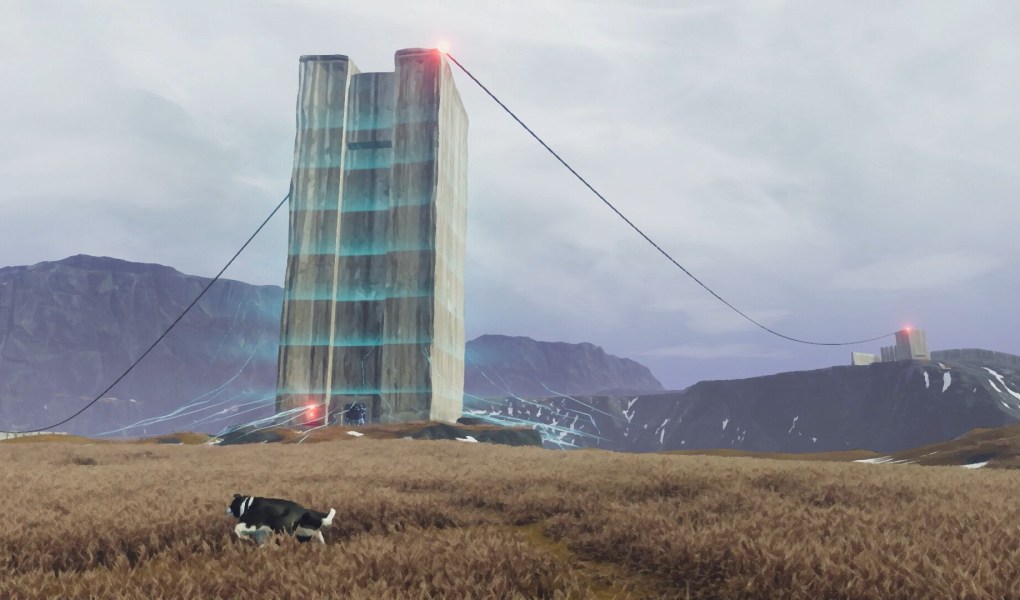 A futuristic tower with glowing elements in a grassy landscape, featuring a dog in the foreground.