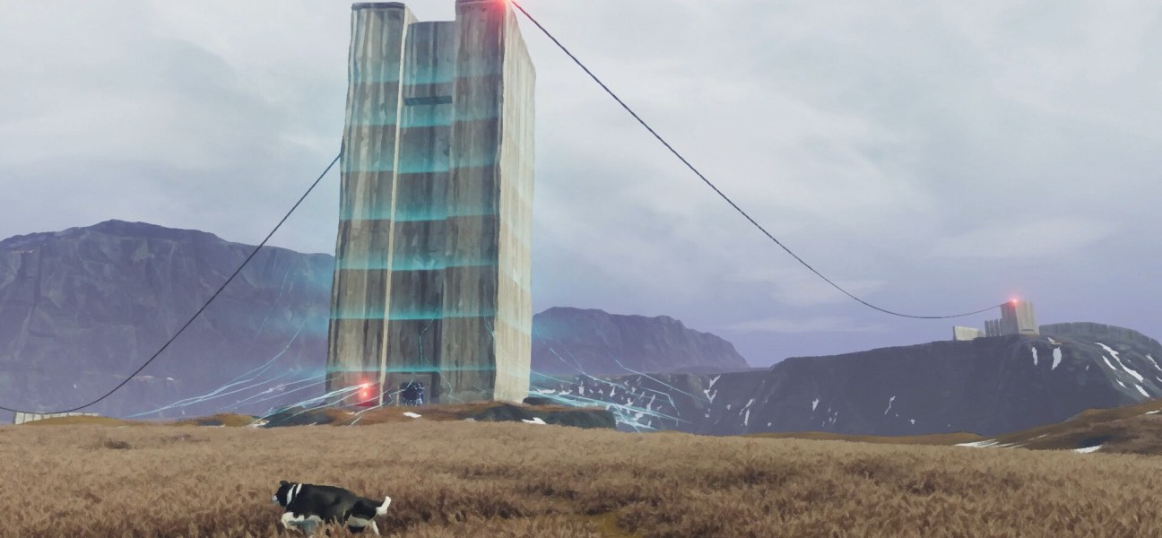 A futuristic tower with glowing elements in a grassy landscape, featuring a dog in the foreground.