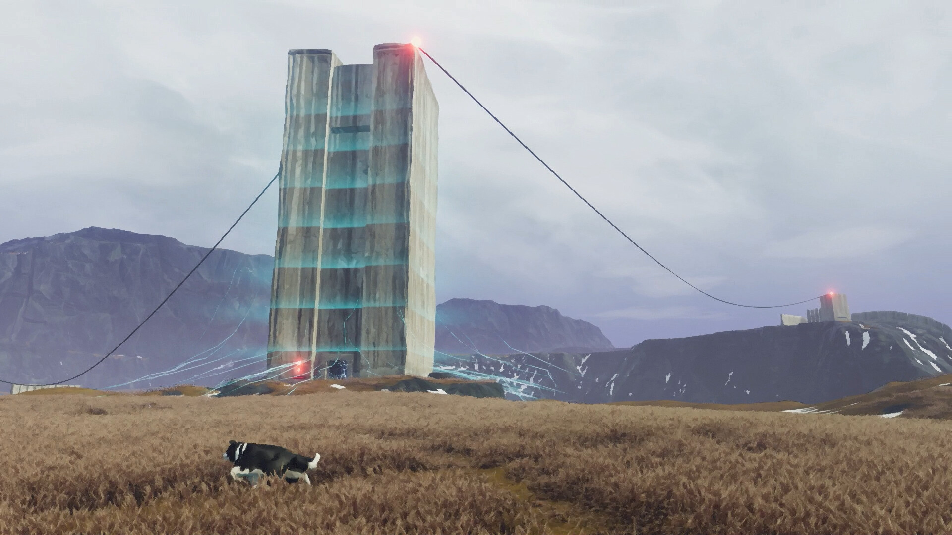 A futuristic tower with glowing elements in a grassy landscape, featuring a dog in the foreground.