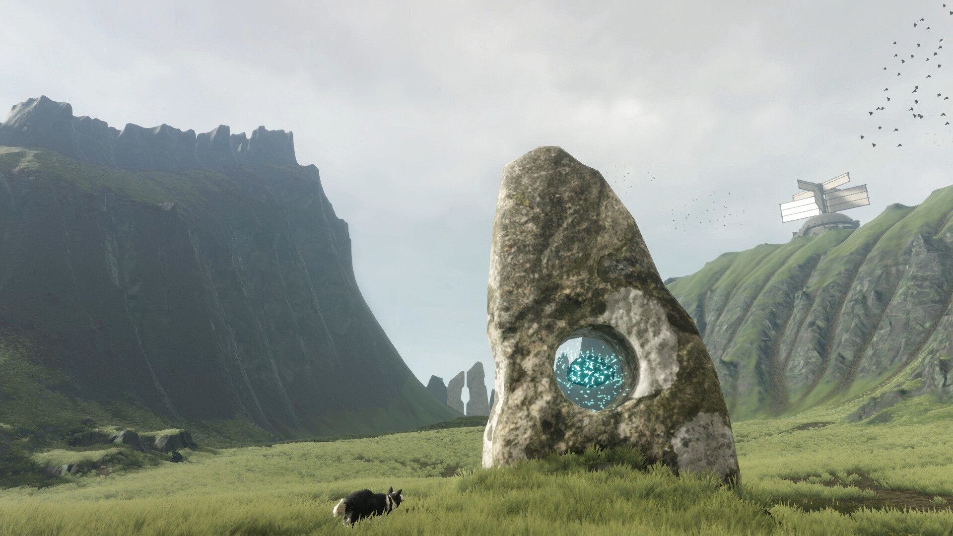 A serene landscape featuring a mystical stone structure and a grazing sheep.