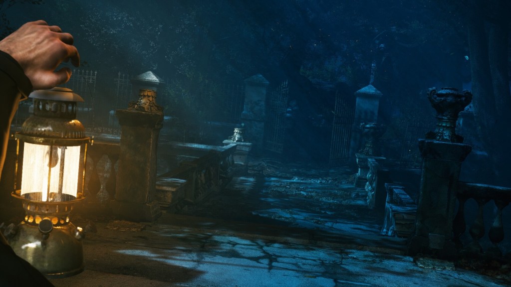 A detective holding a lantern in a dark, atmospheric 1940s London setting.