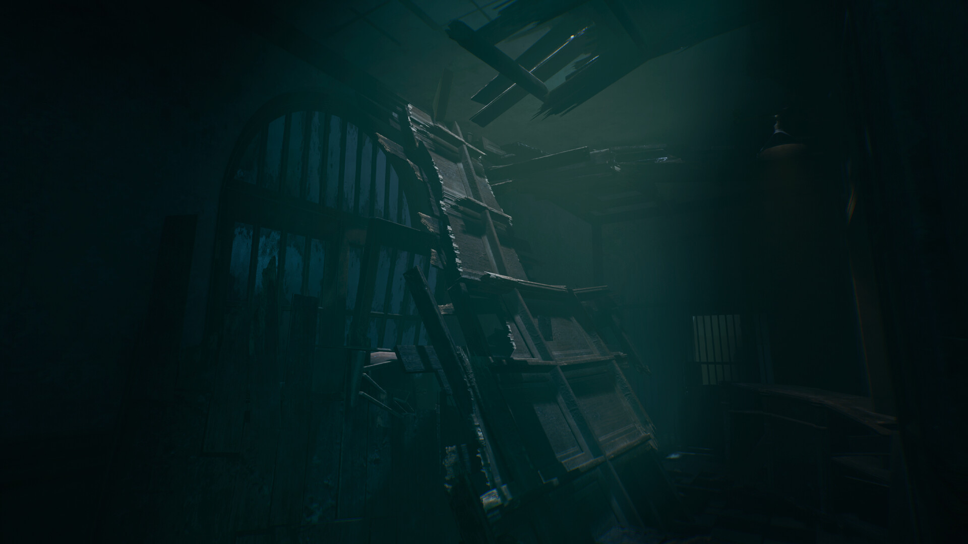 Mysterious dark room with broken furniture and eerie lighting in a noir setting