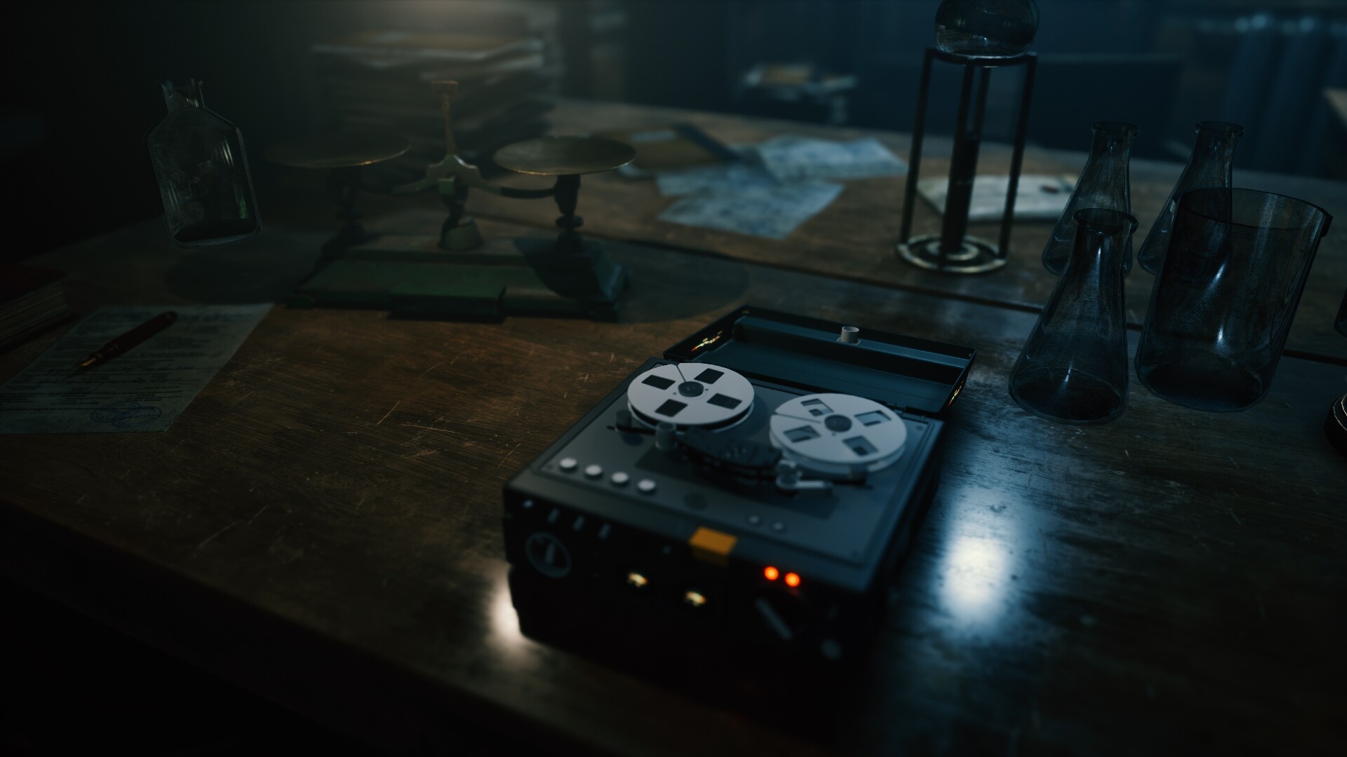 Vintage tape recorder on a wooden desk in a noir detective setting