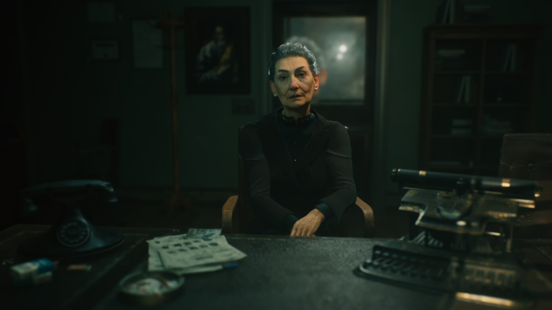 A detective seated at a desk in a noir-themed office, surrounded by vintage items.