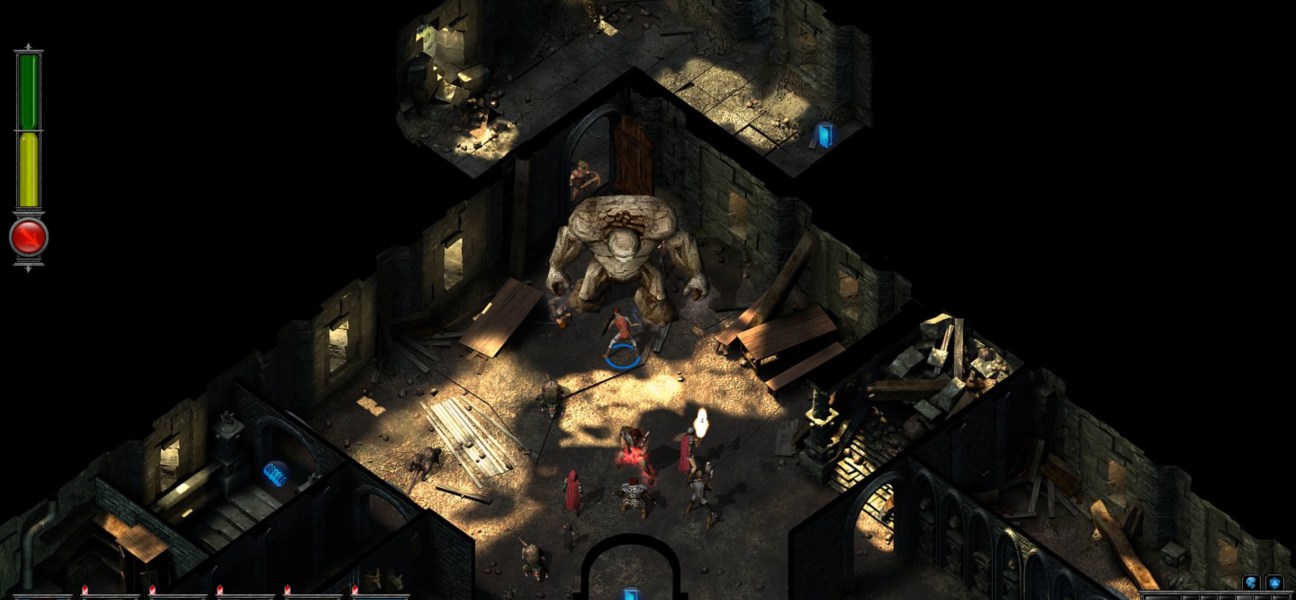 Epic battle scene in The Temple of Elemental Evil with characters and a giant creature.